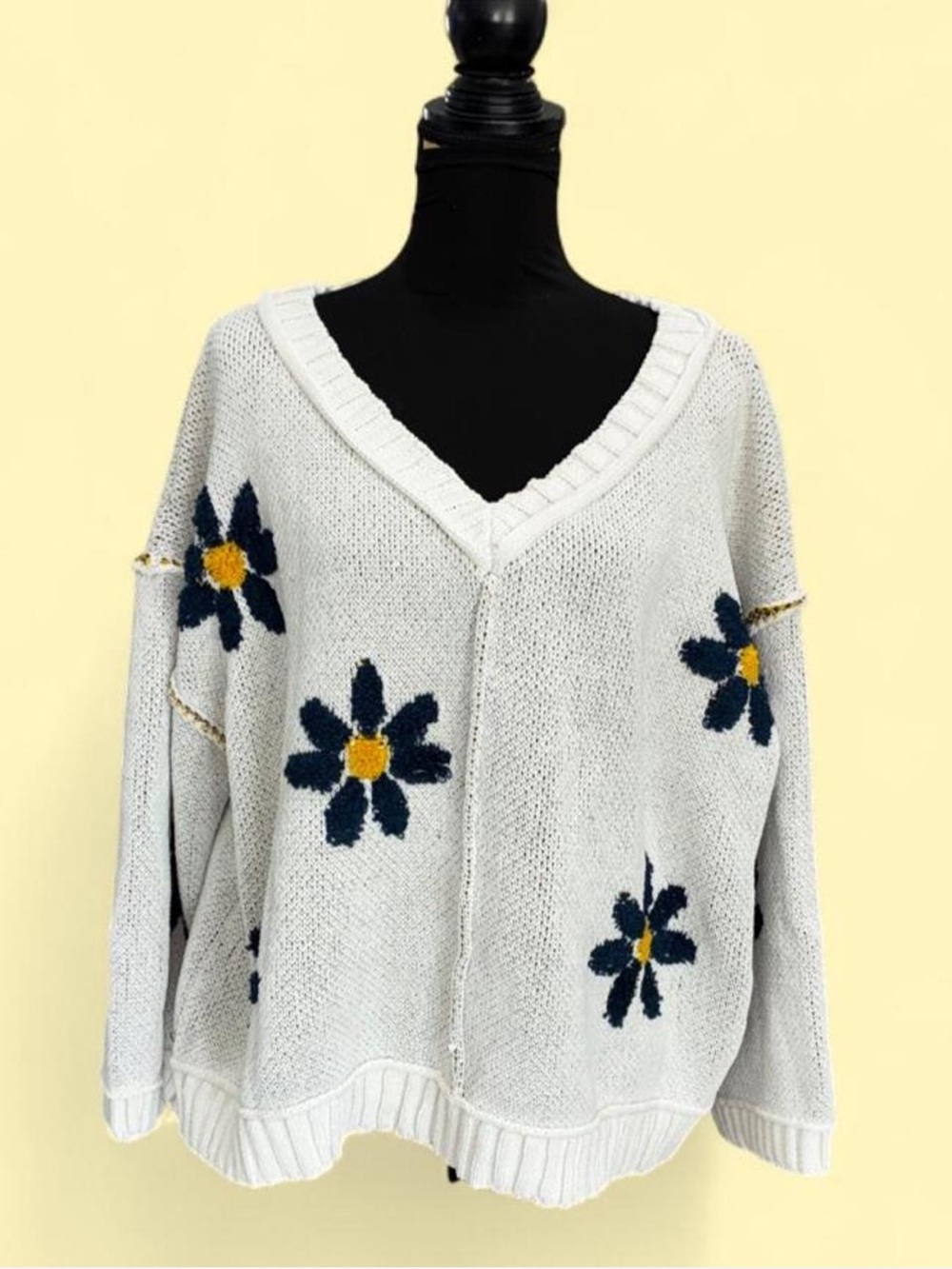 Miracle Cream V-Neck Sweater with Navy and Yellow Floral Detail